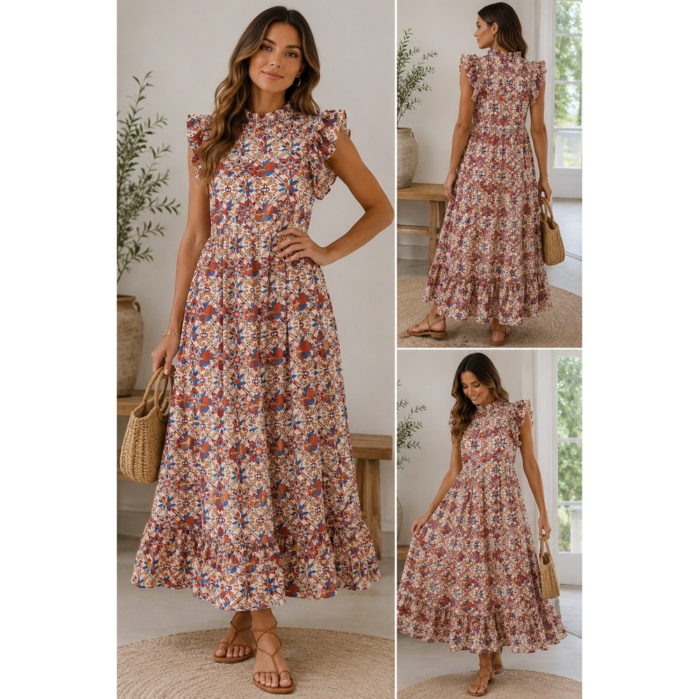 Victoria Dunn Maxi Dress Cotton Block Print Floral Boho Tiered Ruffle Red Blue